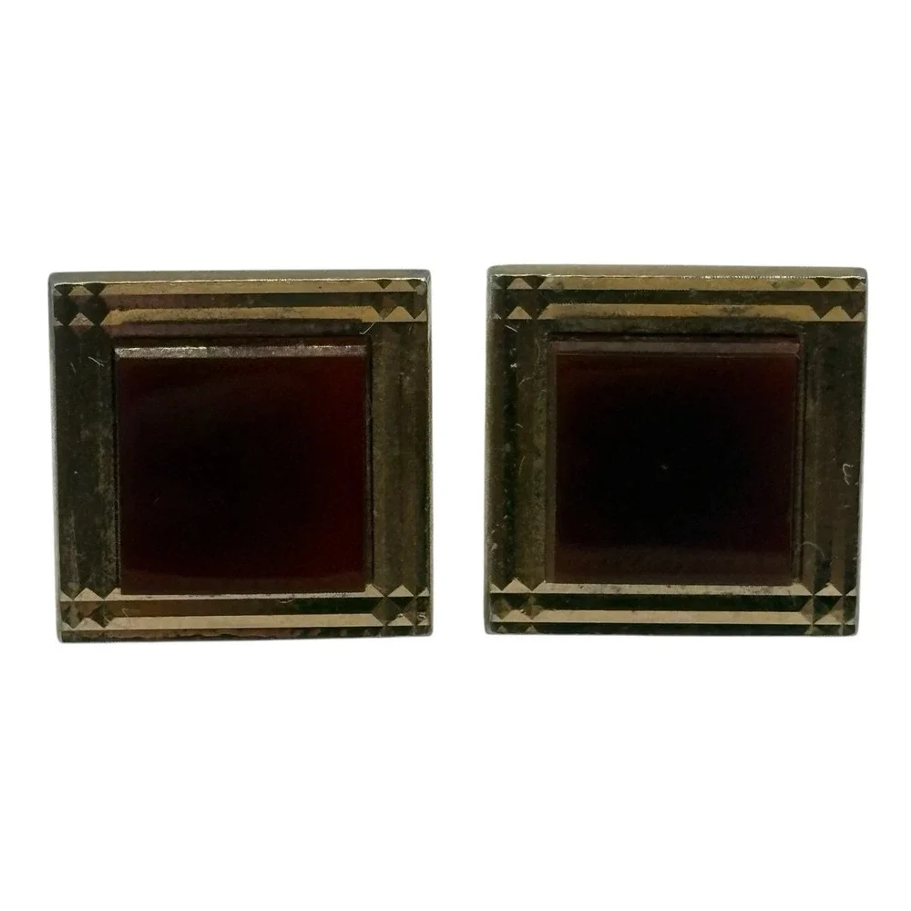Swank Cufflinks And Tie Clip Red Accent Center Gold Tone Vintage Square Textured